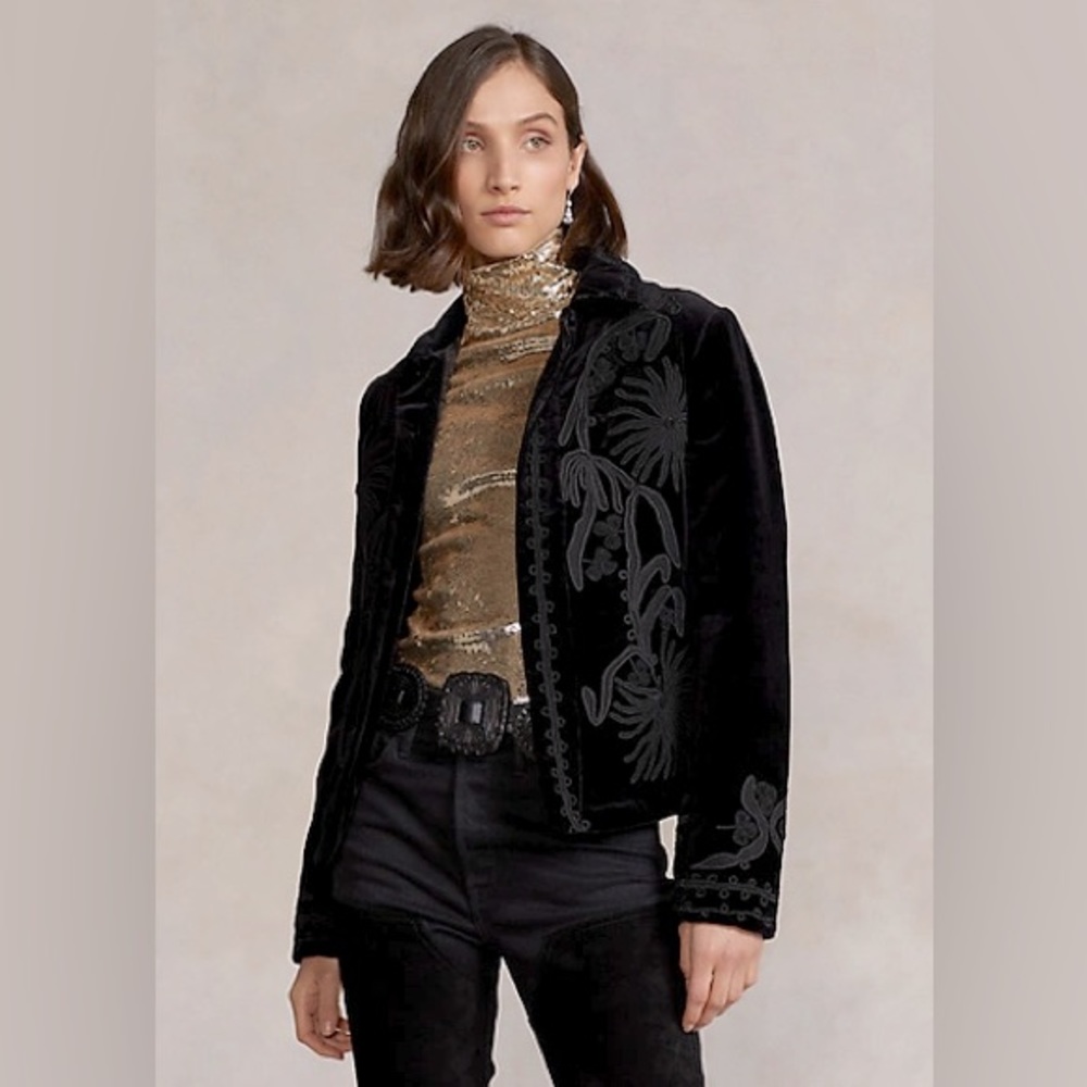 SOUTACHE-TRIM VELVET BLAZER IN POLO BLACK